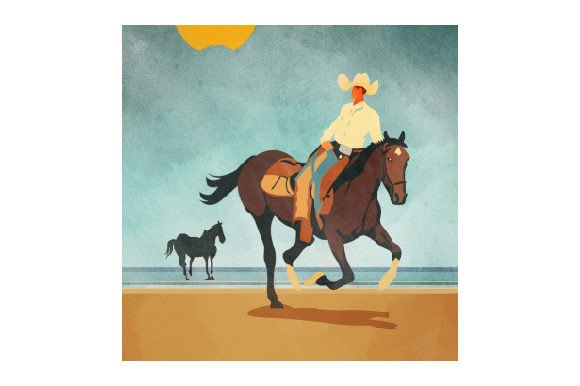 Cowboy with His Horse on the Beach, Watercolor